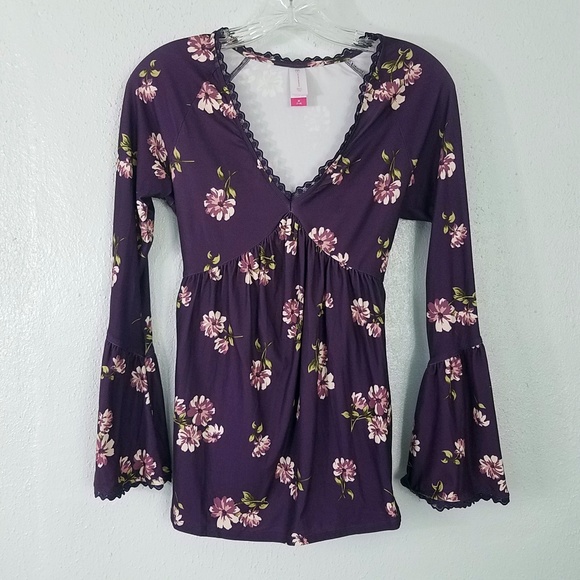 No Boundaries Tops - Purple Bell Sleeve Crochet Trimmed Blouse